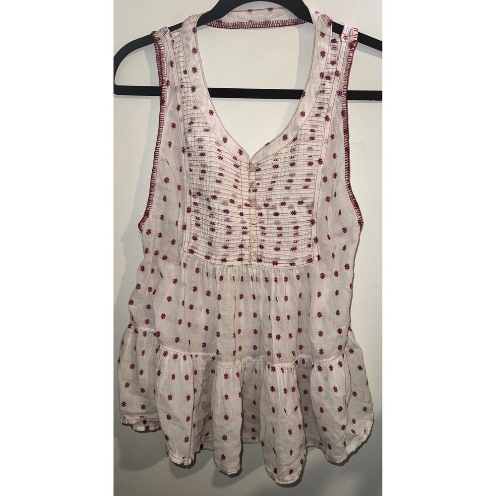 Free People XS White Red Floral Gauze Tiered Peplum Halter Top Smocked Boho